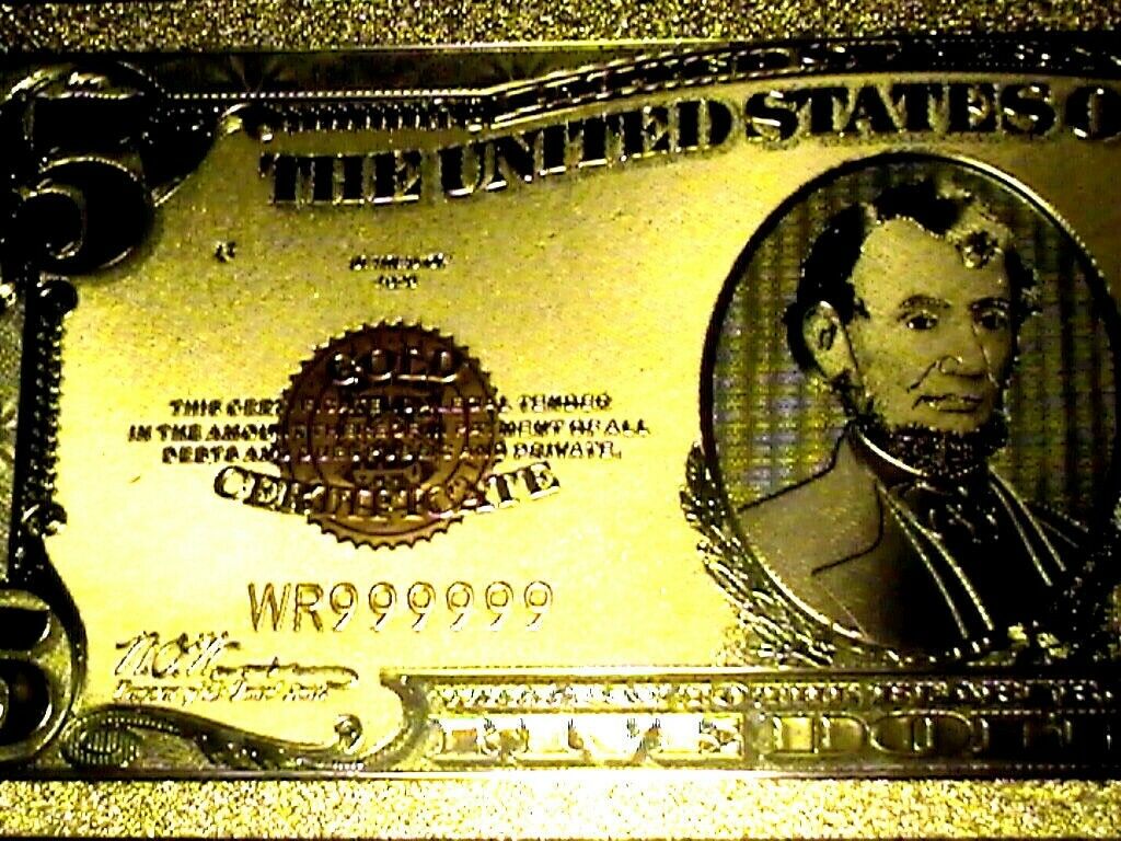 99.9% 24K GOLD 1928 $5 GOLD CERTIFICATE BILL US BANKNOTE IN PVC SLEEVE W COA
