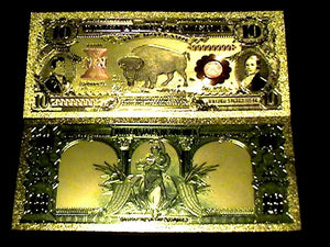 99.9% 24K GOLD 1901 $10 BISON BILL US BANKNOTE IN PROTECTIVE SLEEVE W COA